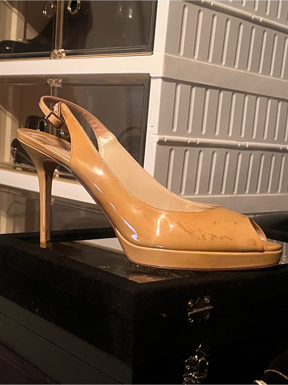 Jimmy Choo Patent yellow -tan Peep-Toe Slingback Stilettto Heels